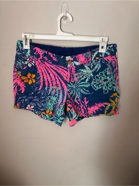 Lilly Pulitzer Callahan Navy Tropical Floral Shorts with Pink & Teal Print